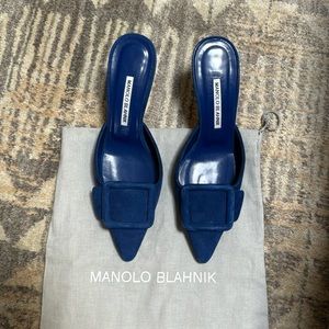 Manolo Blahnik Maysale 50 Blue Suede Buckled Mules, sz 38 with dustbag